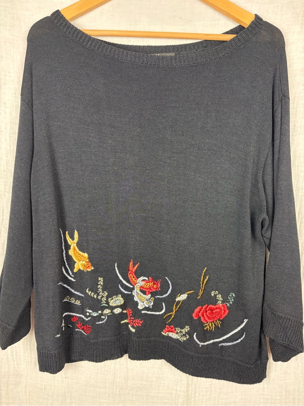 Carole Little Silk Embroidered Black Crewneck Sweater with Koi & Floral Motif
